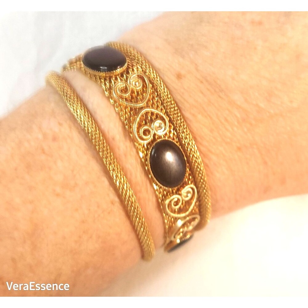 Mesh Gold tone Bracelet Juliana Weiss flair MCM Black Stone & hearts accents Vtg